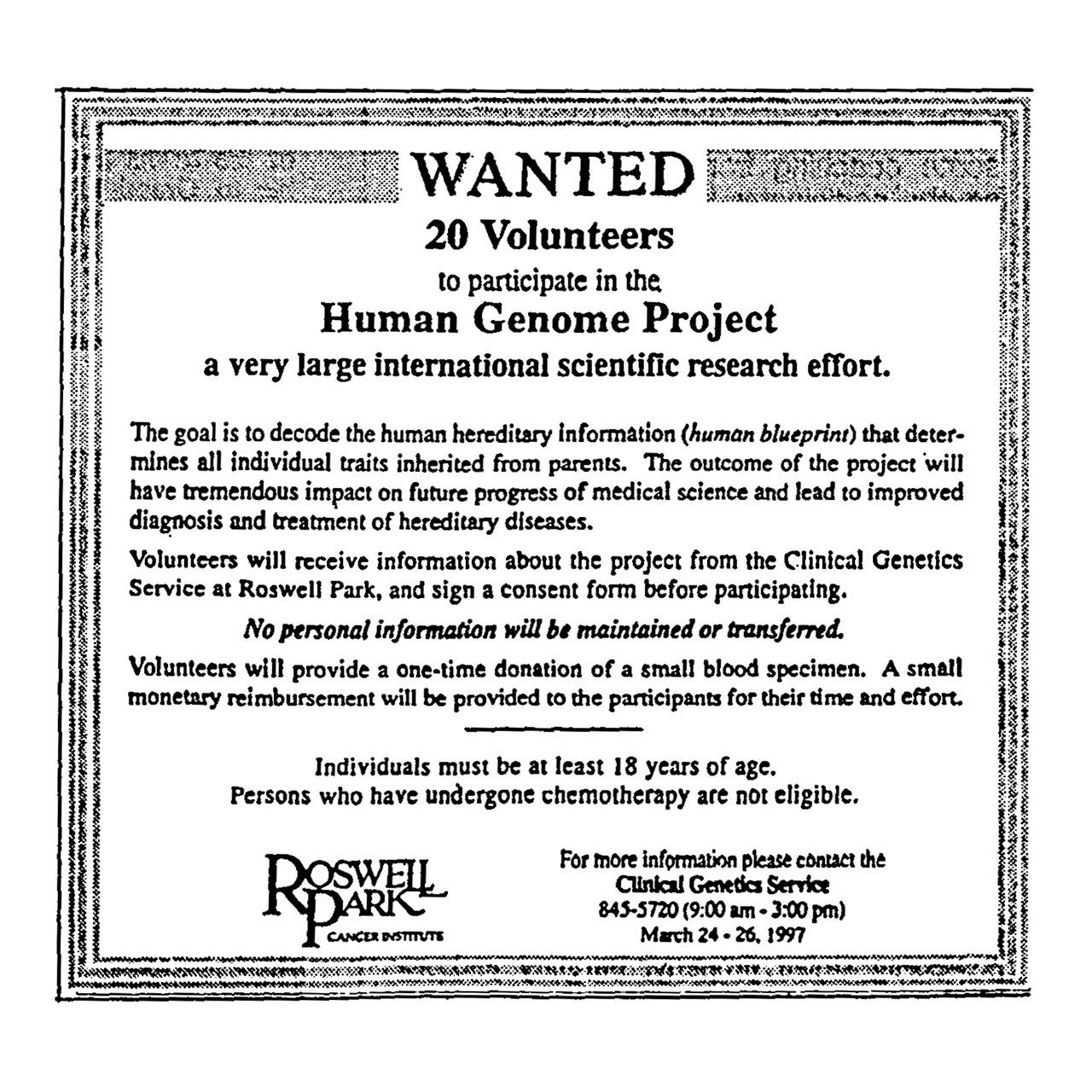 Roswell Park advertisement seeking 20 volunteers for the Human Genome Project