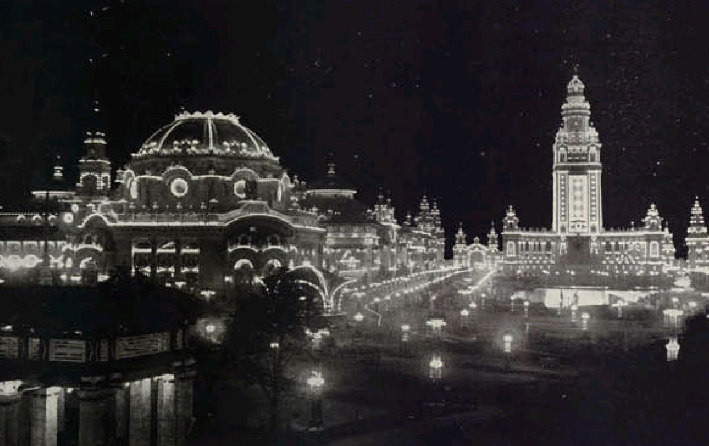 Illuminated buildings at the Pan-American Exposition at night